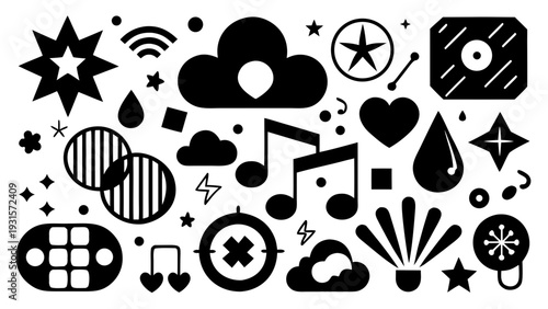 A collection of diverse black and white icons representing technology, music, and emotions Vector