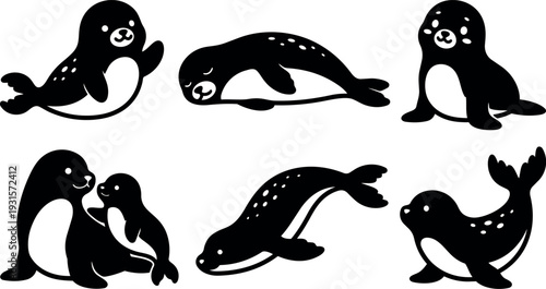 Flat design close up collection of playful seal silhouettes swimming resting and cuddling on white background adorable cheerful minimal vector