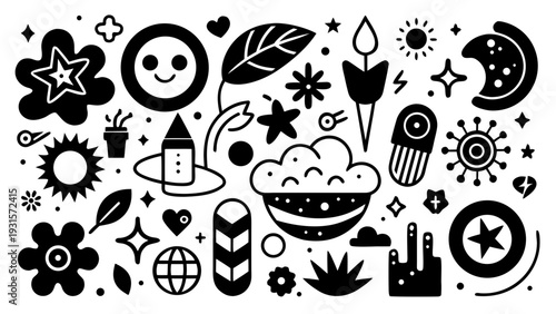 Whimsical collection of celestial and nature symbols Vector
