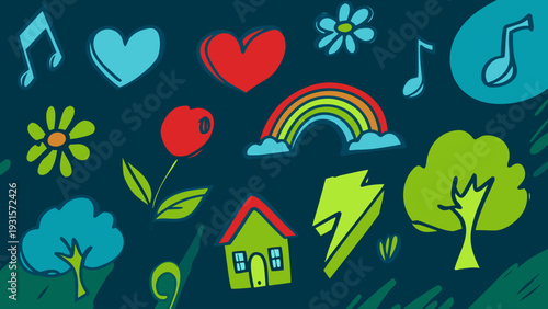 Whimsical collection of hand-drawn icons depicting nature and emotions Vector