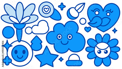 Whimsical blue shapes and faces in a playful arrangement Vector