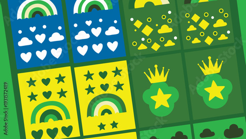 Vibrant patterned tiles with rainbows, hearts, and crowns Vector