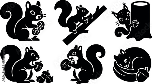 Flat design vector squirrel icon set six black silhouette squirrels holding acorns climbing branch and sleeping curled tail near stump