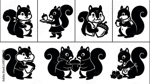 Vector art playful squirrel characters holding acorns serving tea sharing nuts in panels cute stencil style black silhouette row set