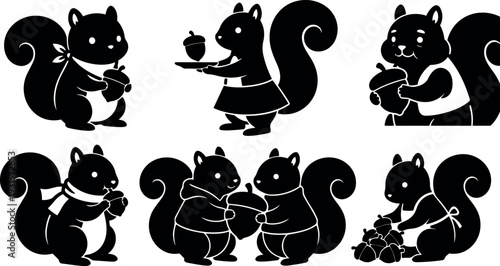 Flat design close up cute squirrel characters holding acorns serving sharing and gathering nuts with scarves aprons playful scene silhouette