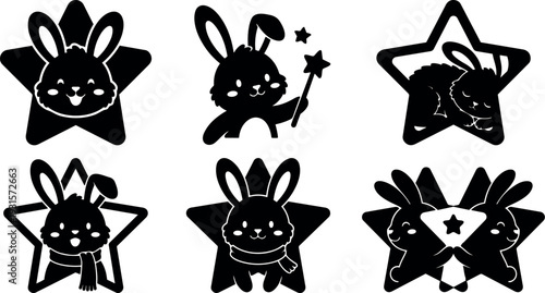 Flat design cute bunny star icons set showing smiling waving sleeping and paired rabbits in black silhouette vector scalable collection