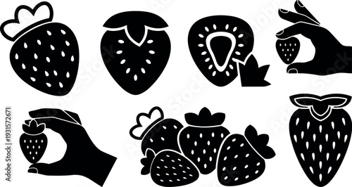 Flat design strawberry icon set close up hand holding berry multiple silhouettes simple black vector for packaging label mockup print
