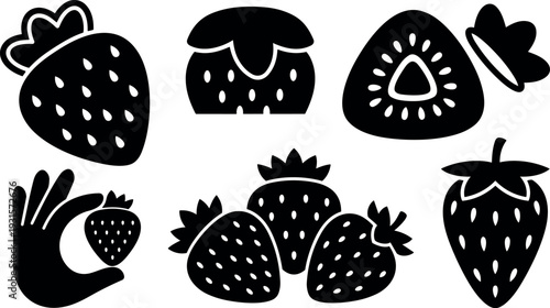 Flat design vector strawberry icon set close up hand holding berry assorted silhouettes for packaging labels and food branding playful