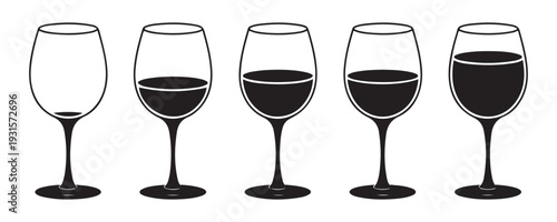 Wine glass filling sequence showing empty to full stages for progress measurement or beverage quantity concept