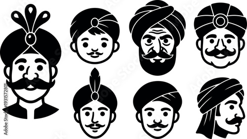 Flat vector turban icon set showing seven male heads in black silhouette frontal three quarter and profile views minimal style