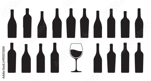 Collection of wine bottles and glasses silhouettes on white background, representing beverage and celebration