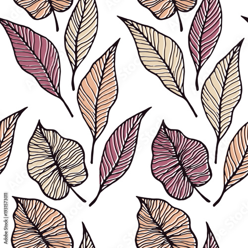 Aspen leaf floral vector seamless pattern. Nature graphic design. Tree plant foliage skeleton lines. Bright leaves herbal endless ornament. Ornate fabric print.