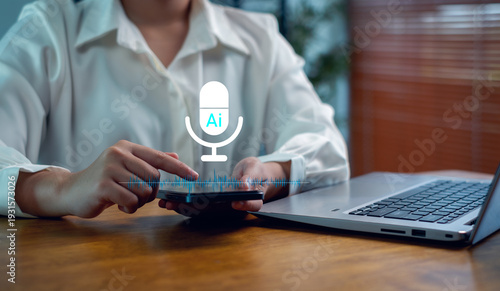 Business professional using smartphone with AI voice assistant interface and sound wave visualization, representing artificial intelligence technology, digital communication innovation.
