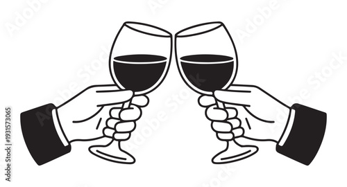 Two hands toasting with wine glasses filled with red wine, celebratory cheers moment
