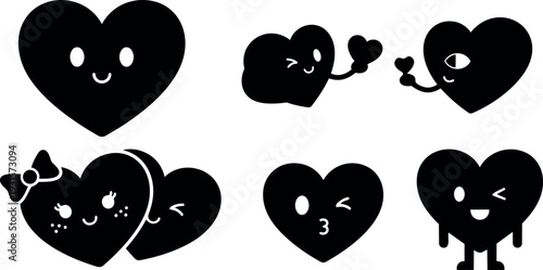 Flat design kawaii heart icon set six cute smiling hearts winking kissing holding tiny hearts with bow and legs dripping