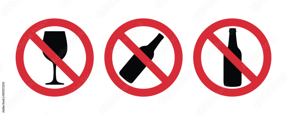 Fototapeta premium Three prohibition signs showing no wine glass and bottles, warning symbols for restricted zones, clean design