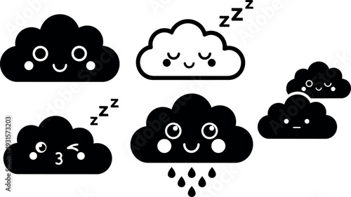 Flat design kawaii cloud icons showing smiling sleeping winking kissing faces and raindrops in minimal monochrome vector set cute outline