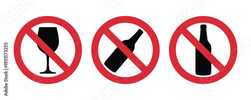 Three prohibition signs showing no wine glass and bottles, warning symbols for restricted zones, clean design
