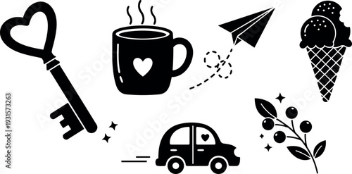 Flat design close set of love and food icons key mug plane car ice cream branch with simple bold shapes