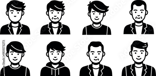 Flat design eight male avatar icons front facing bust portraits simple monochrome vector set with varied hairstyles expressions casual clothing