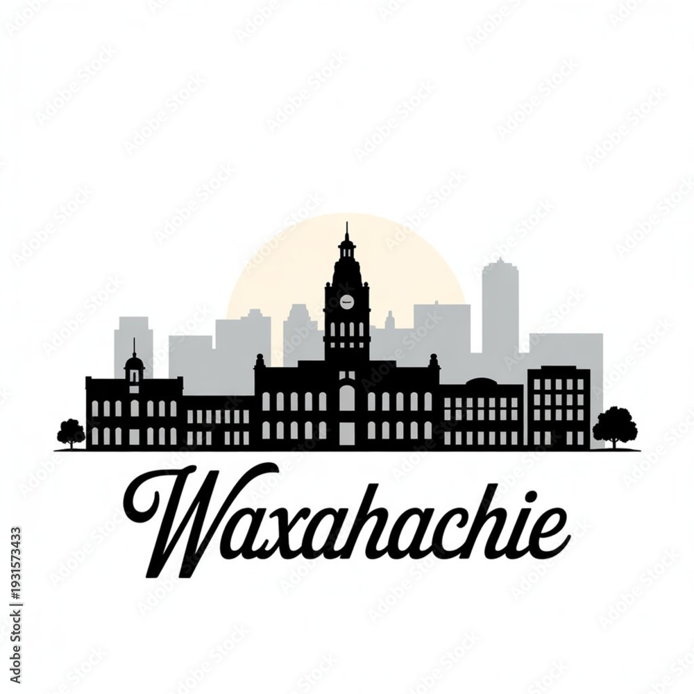 Naklejka premium Waxahachie Skyline Silhouette — A Historic North Texas City Vector Art