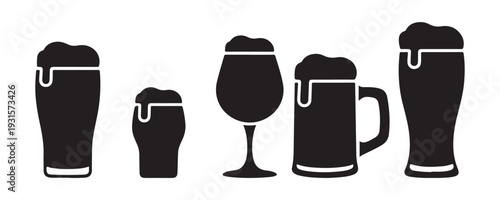 Draft beer glasses collection featuring various foam styles and dripping bubbles in black minimalist vector art