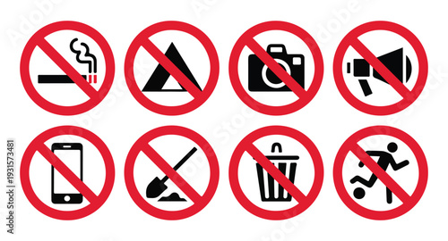 Group of prohibition signs: no smoking, tent, camera, megaphone, phone, shovel, trash, soccer player icon
