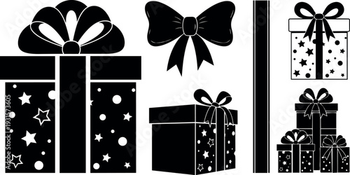 Flat design black and white gift box set with bows and star pattern stacked wrapped angled close up ribbon silhouette
