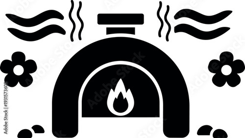 Flat design close up wood fired pizza oven with visible flame and smoke in garden setting stone hearth rustic