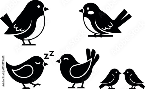 Minimalist flat design bird icon set with five black silhouette sparrows various poses close up side view and sleeping kissing