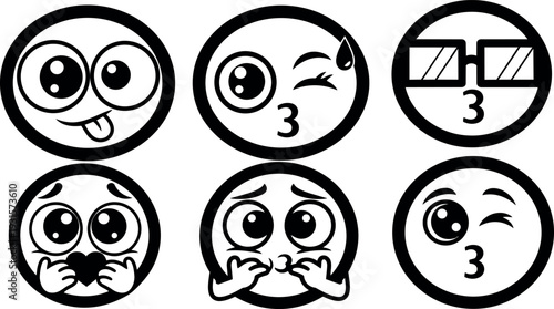 Line art vector set of six kawaii emoji faces blowing kisses winking holding heart wearing glasses simple black outline icons