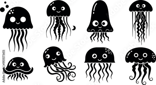 Flat design playful jellyfish character set showing eight smiling jellyfish icons in varied tentacle styles close up black silhouettes collection