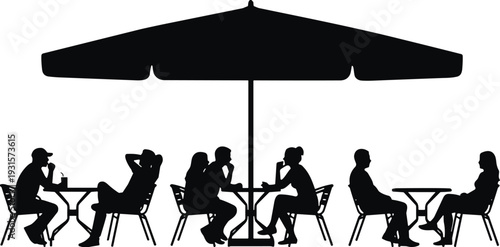 Black silhouette of people sitting at cafe tables under a large sun umbrella, outdoor restaurant patio scene isolated on white background, vector