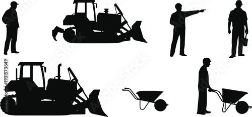  Construction site silhouette set, workers with wheelbarrows, bulldozer heavy machinery icons, building industry silhouettes, engineering project management, industrial equipment, isolated black vecto