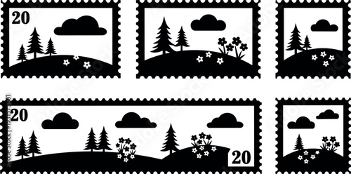 Flat design postage stamp landscape set with pine trees rolling hills flowers clouds black silhouette vector icons rectangular square minimal