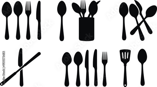 Cutlery silhouette set with spoons, forks, knives, spatula, kitchen utensils icons, restaurant silverware collection, cooking tools, dining equipment, table setting flat vector.