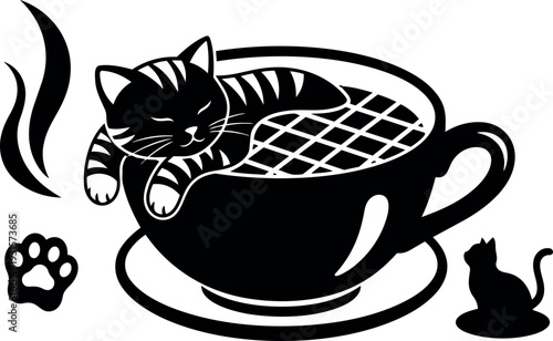 Minimalist vector sleeping cat curled inside latte cup with steam paw print and saucer side silhouette low angle top view