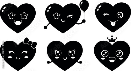 Kawaii flat vector heart emoticon set with six faces crown bow balloon winking tongue smiling star eyes black silhouettes cute