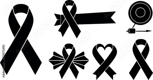 Minimalist flat design black awareness ribbon icons set six variations including heart bow and tape dispenser close up vector silhouette