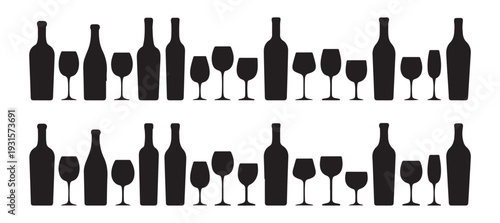 Wine bottle and glass seamless pattern vector illustration on white background, black silhouettes