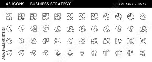 Icons. Business strategy line icon collection. Finance icon set. Time management, strategy, focus, success, enterprise, teamwork, headhunting and more. Editable stroke.