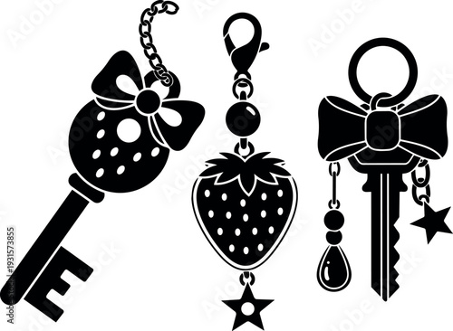 Vector charm key trio with bow strawberry pendant dangling star beads flat black silhouette decorative accessories close up front view