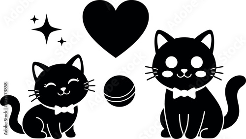 Flat design cute black cat couple sitting with ball heart and sparkles looking at camera wearing bow ties vector art