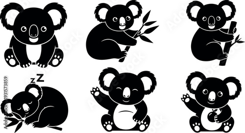 Flat design cute koala icon set six poses sitting climbing sleeping waving holding eucalyptus in simple monochrome style smiling vector