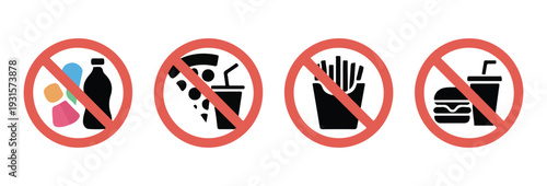 Set of four prohibition signs with fast food items and drinks crossed out in red circle vector Free Download Set of four prohibition signs with fast food items and drinks crossed out in red circle vector - GFXLoad