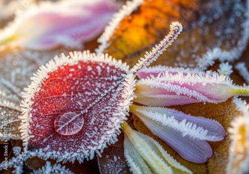 Crispy Frost Adorns Fallen Autumn Leaves Petals Water Droplet Sunlight Macro Detail Nature Cold Season Realistic 4k