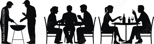 People silhouettes having dinner and BBQ, friends eating at restaurant table, men grilling food, couples drinking wine, black vector illustrations, isolated on white.