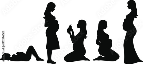 Pregnant woman silhouette set, maternity poses including standing, sitting, lying down, expecting mother silhouettes, pregnancy health, motherhood journey, feminine prenatal care, vector icons.