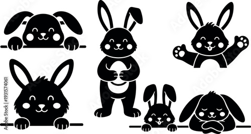 Flat design close group of playful bunny silhouettes peeking waving and holding egg on white background cheerful minimalist vector art