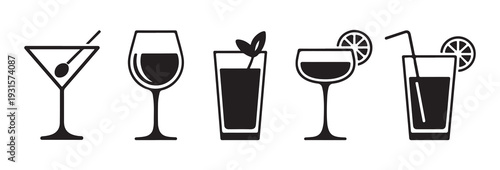 Set of five different cocktail glasses and beverage glasses filled with drinks vector icons